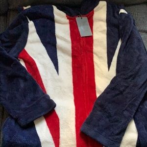 Zippered long hooded onesie pajama. British flag